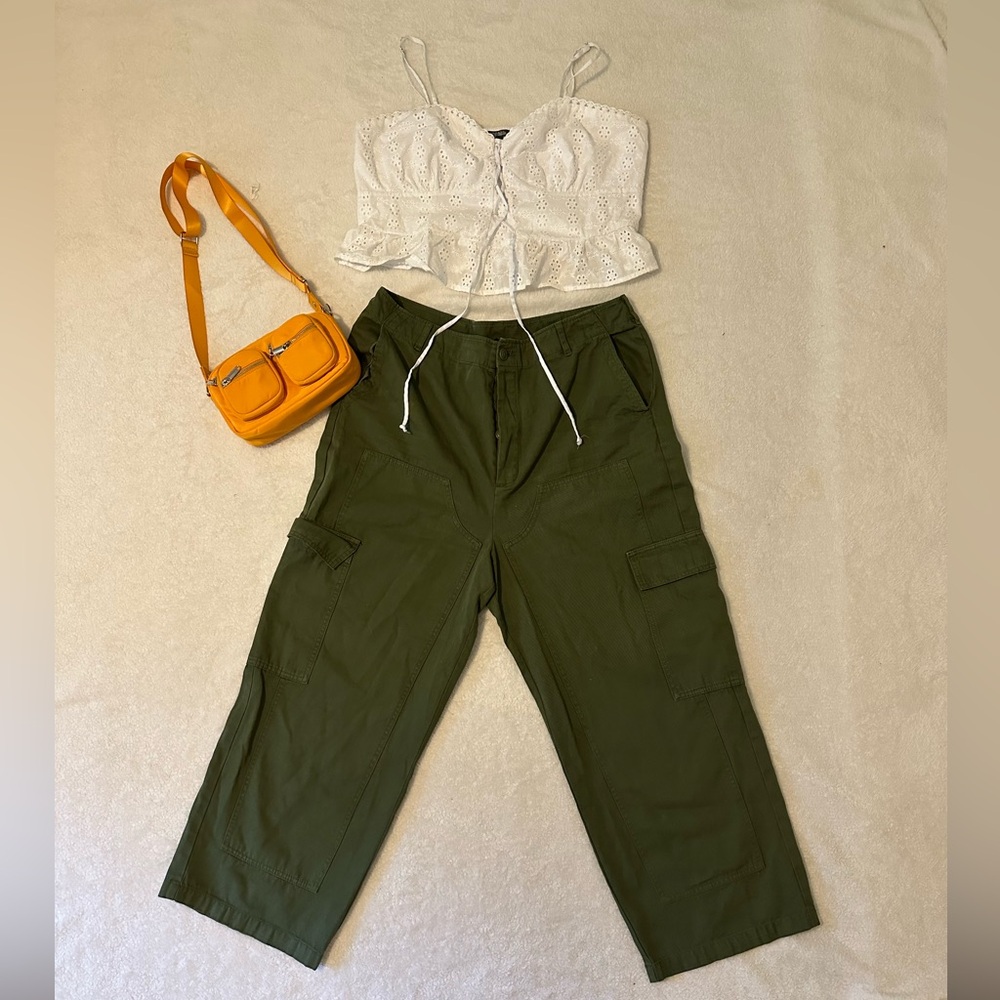 Women's Mid-Rise Cargo/ Wild Fable White crop-top and  bag OrangeCrossbody